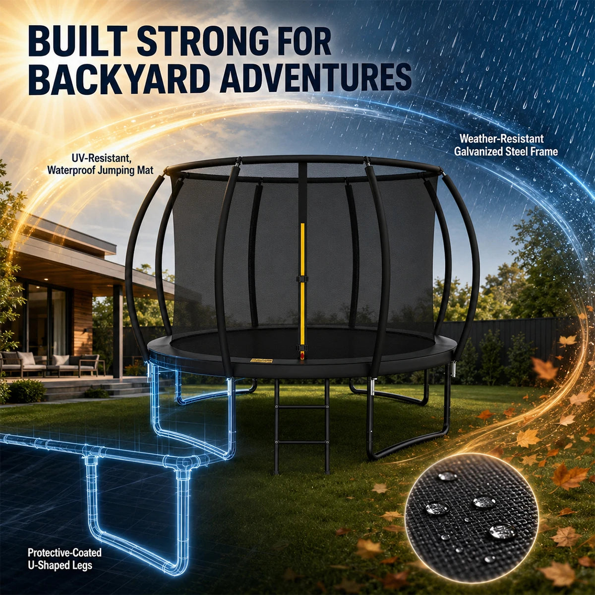 Round Trampoline Featuring Enclosed Safety Net And Steady Ladder For Kids