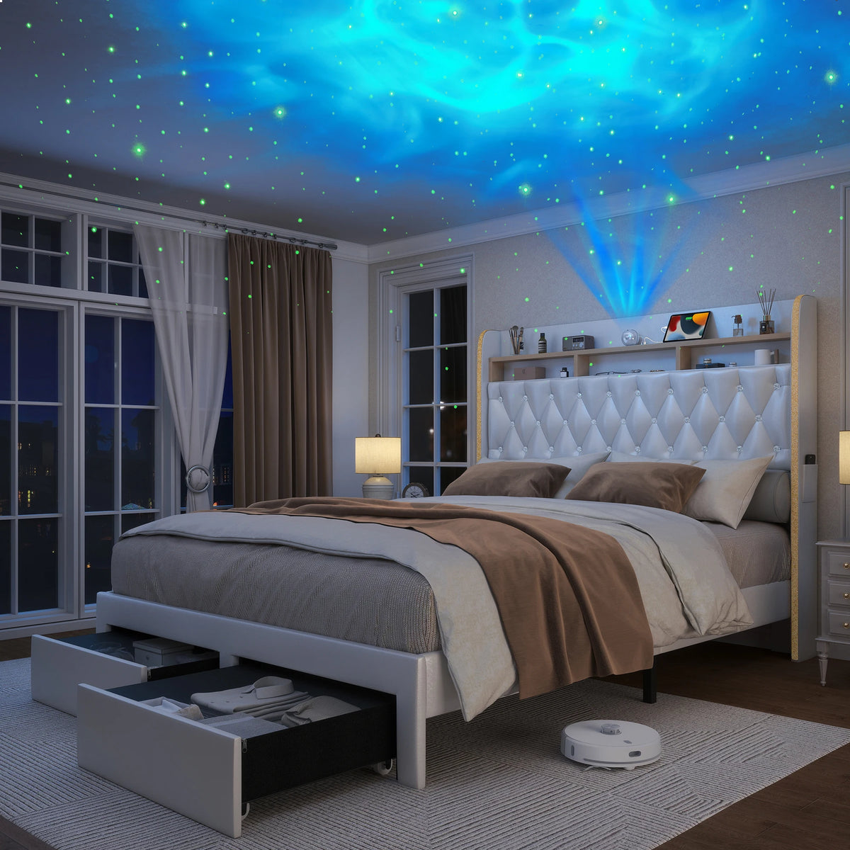 SIBEDS LED Platform Bed Frame Featuring Storage And Star Projector
