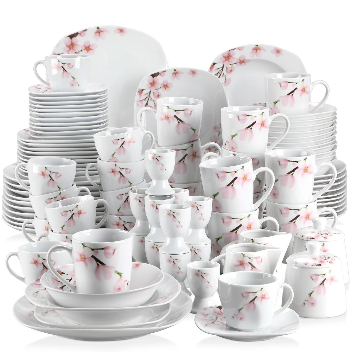 VEWEET Porcelain Dinnerware Set With Plates Bowls Cups And Saucers