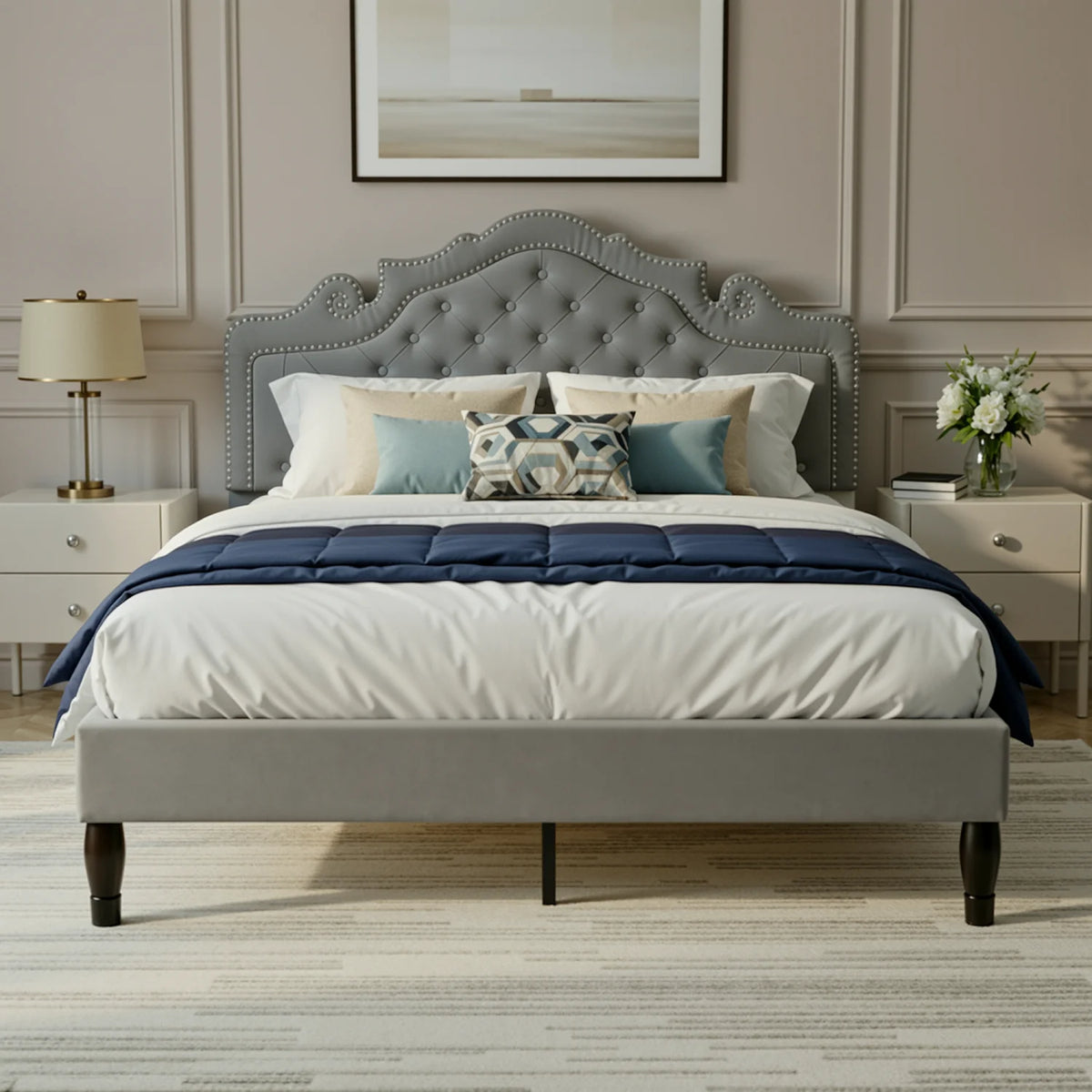 Hoomic Velvet Platform Bed Featuring Diamond Tufted Headboard And Storage