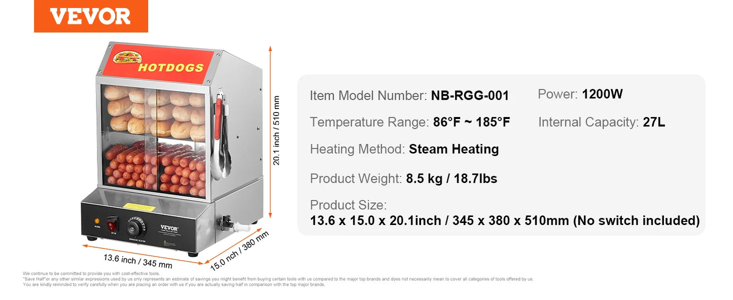 VEVOR Hot Dog Steamer 2 Tiers With Temperature Control