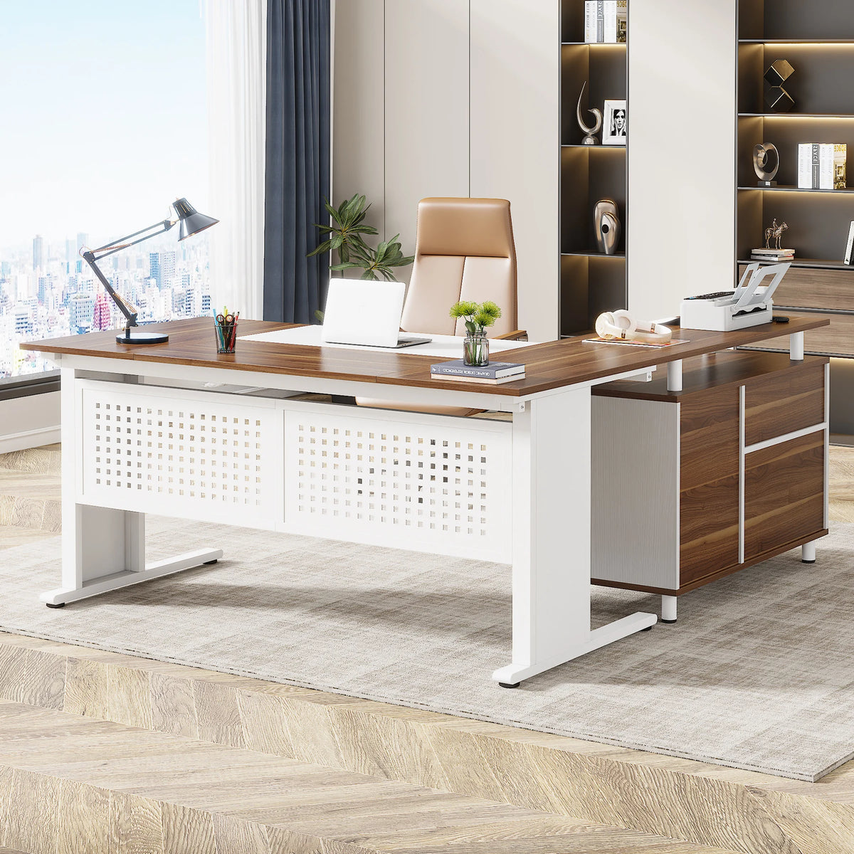 Tribesigns L-Shaped Office Desk with File Cabinet Drawers and Shelves