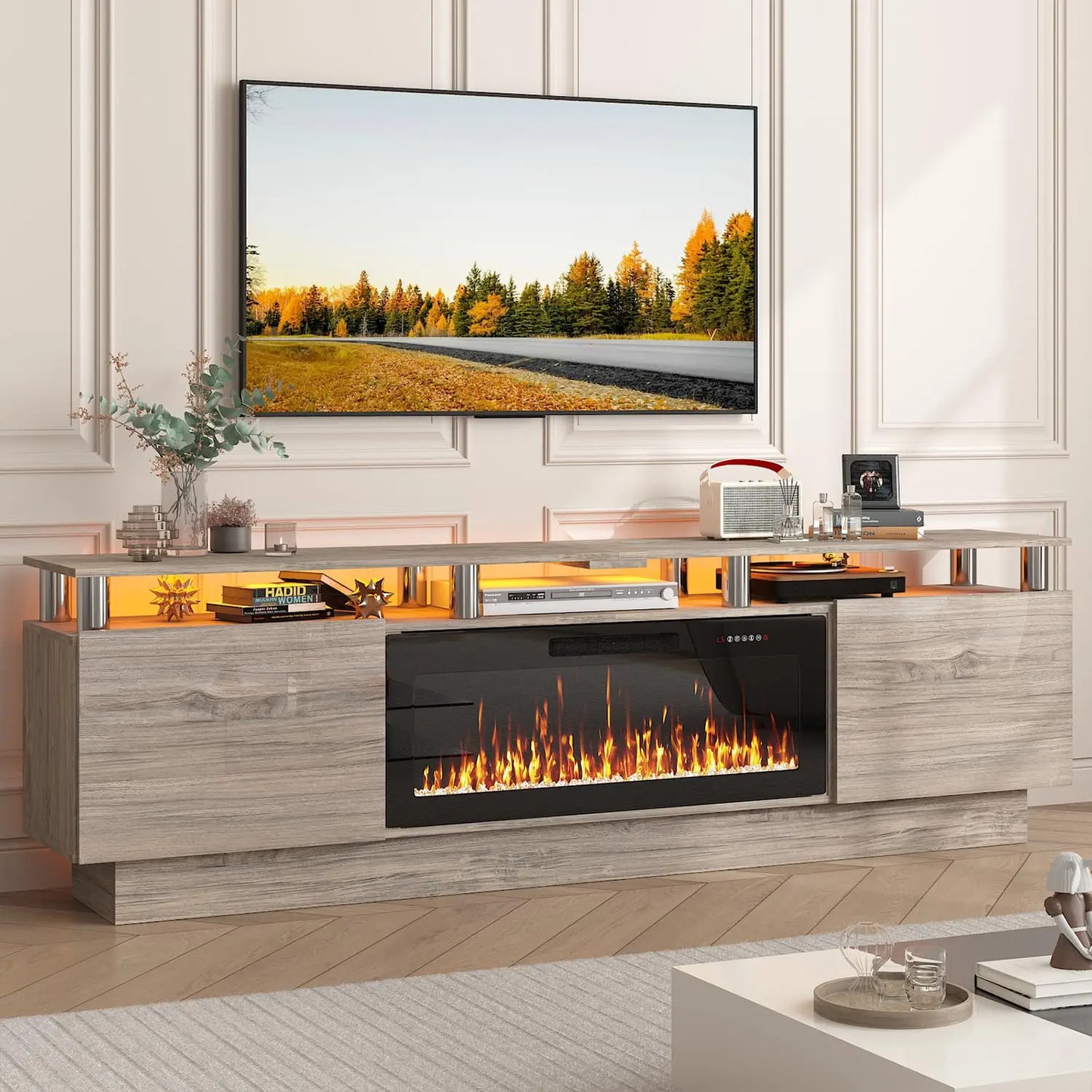 Frame Modern Wood Television Stand With Led Fireplace Entertainment Center
