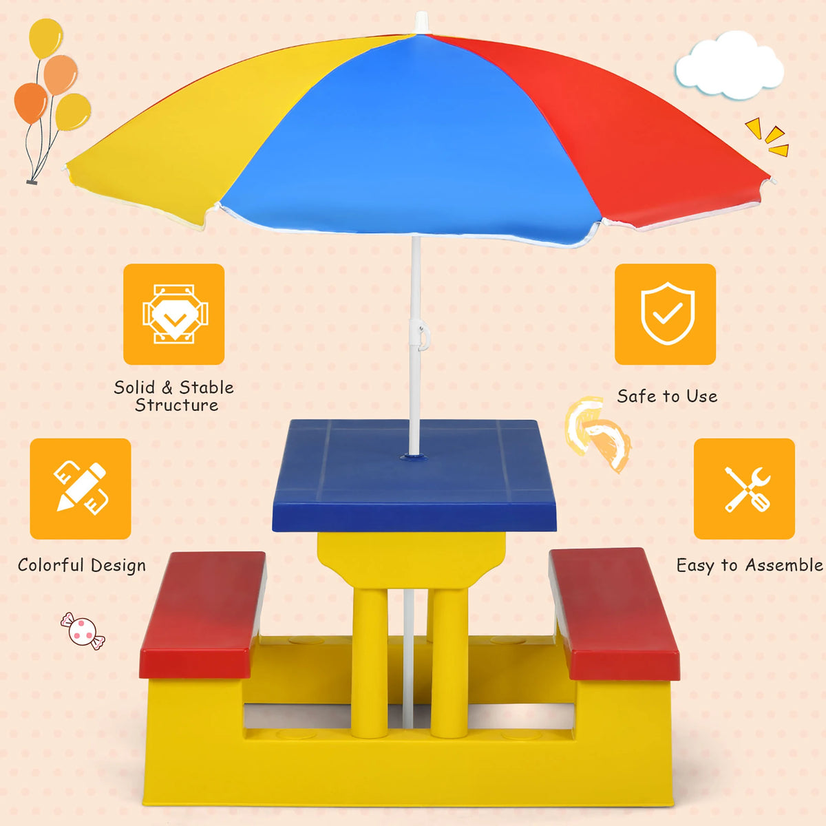 Homasis Kids Picnic Table Set With Removable Outdoor Umbrella