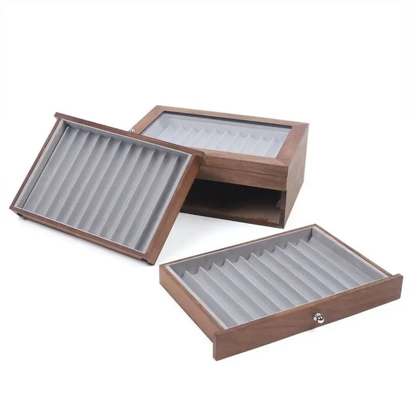 Walnut Wood 34 Slot Pen Storage Case With Drawer Display