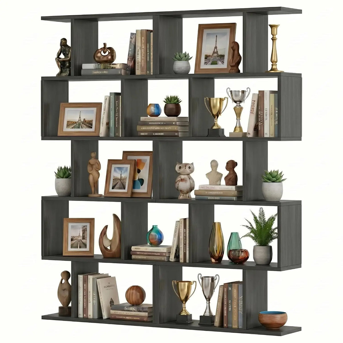 Freestanding Five Tier Geometric Bookshelf And Room Divider