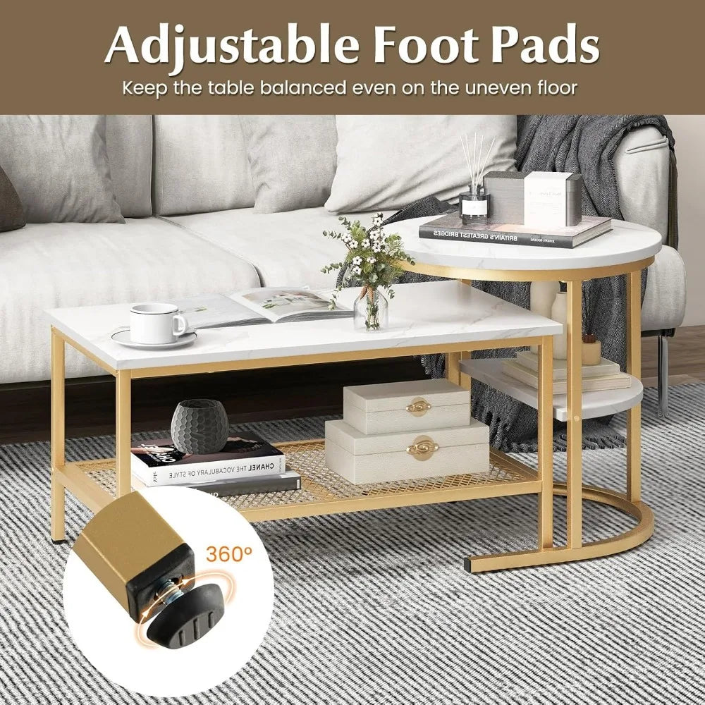 Modern Nesting Coffee Tables With Faux Marble And Metal Frames