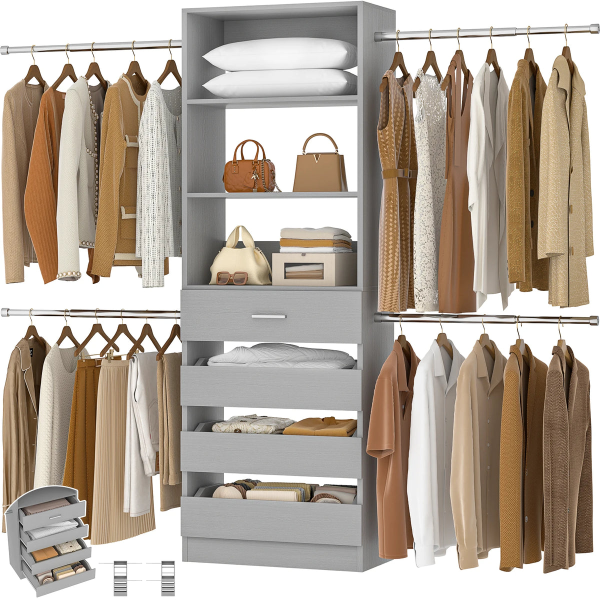 Aheaplus Wooden Closet Organizer With Four Drawers And Hanging Rods