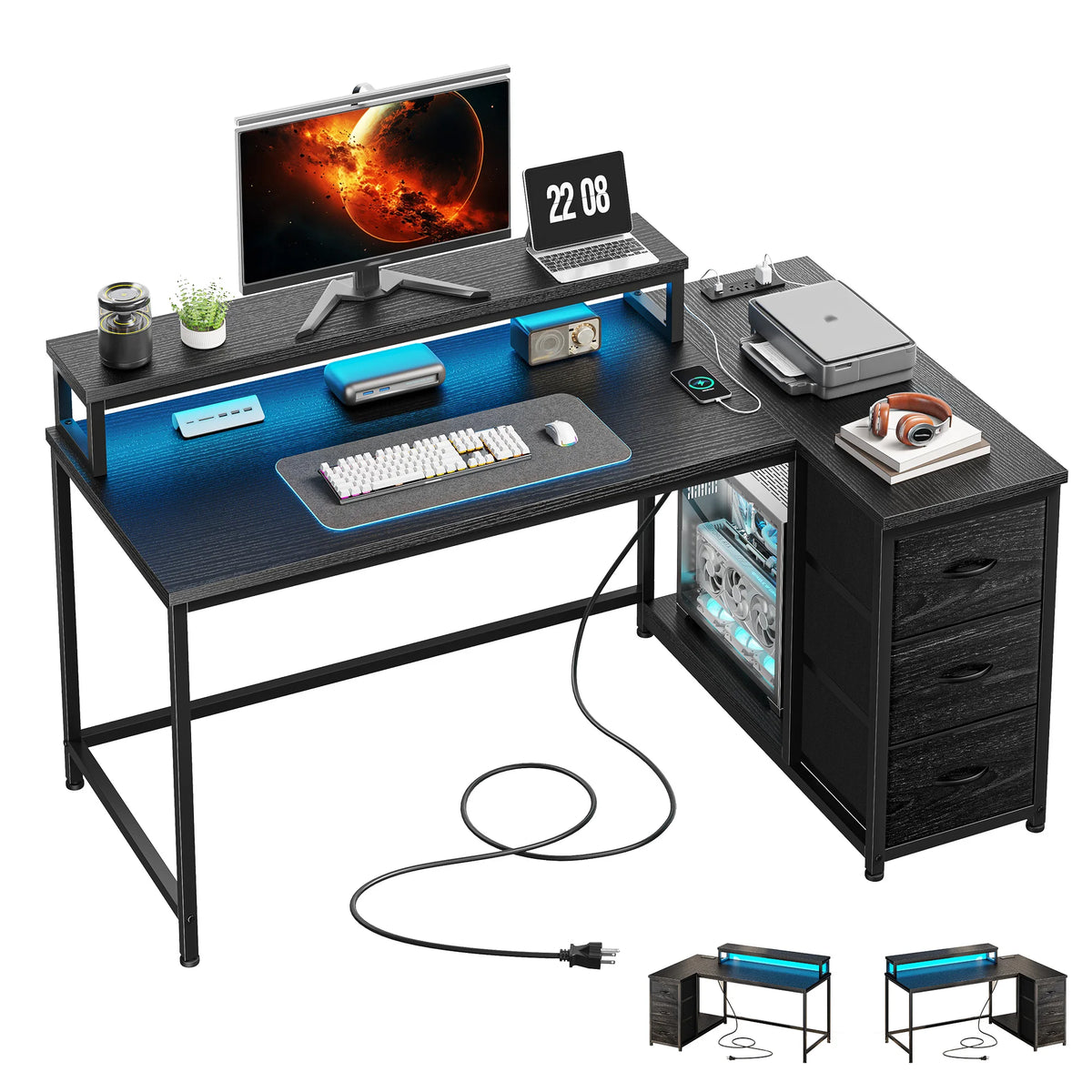 EnHomee L Shaped Desk With Monitor Stand And Power Strip