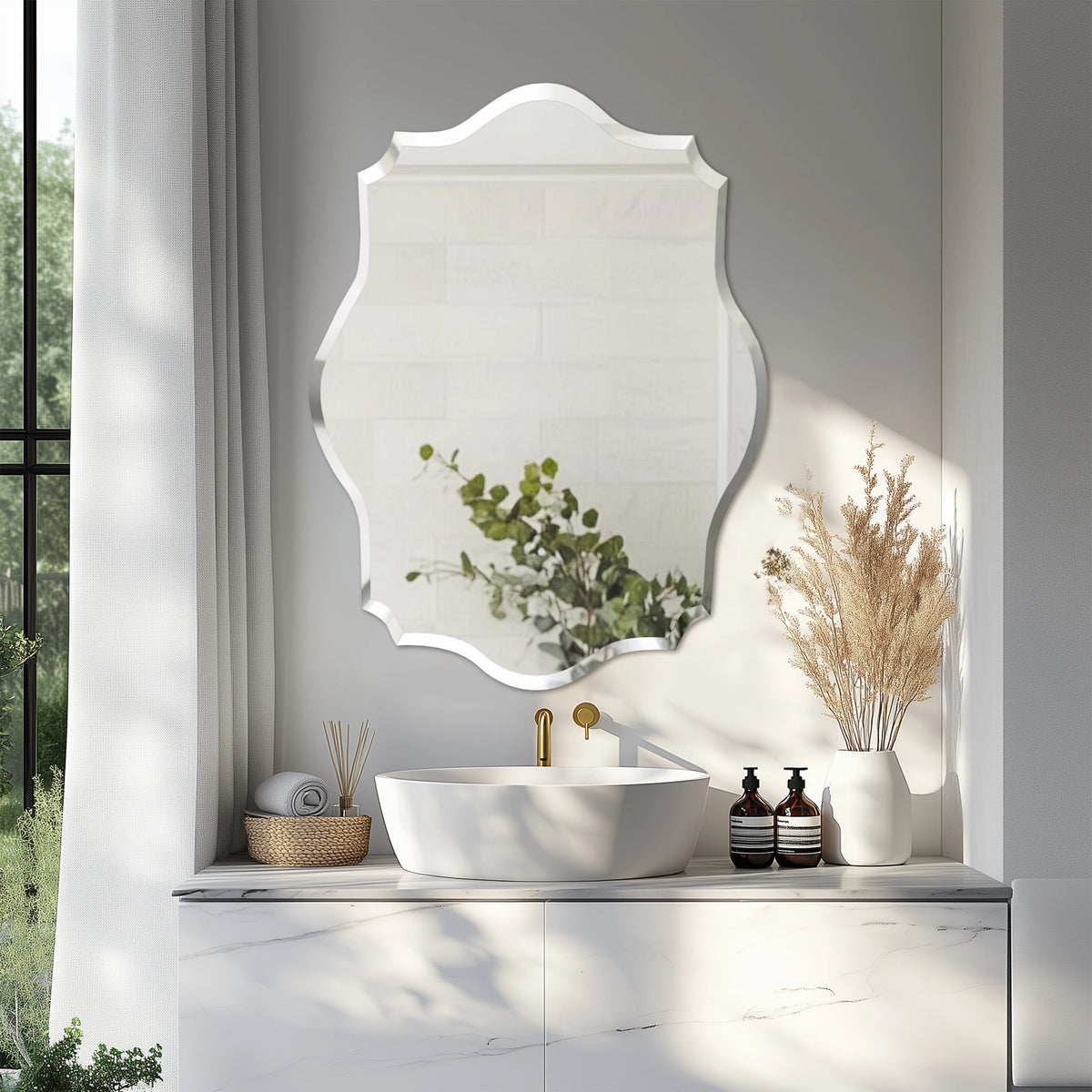 Wisfor Scalloped Frameless Beveled Edge Wall Mirror for Bathroom Vanity