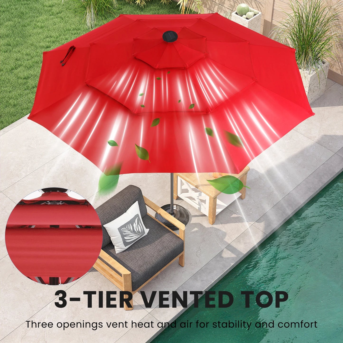 JHK Outdoor Solar Patio Umbrella With 32 LED Lights