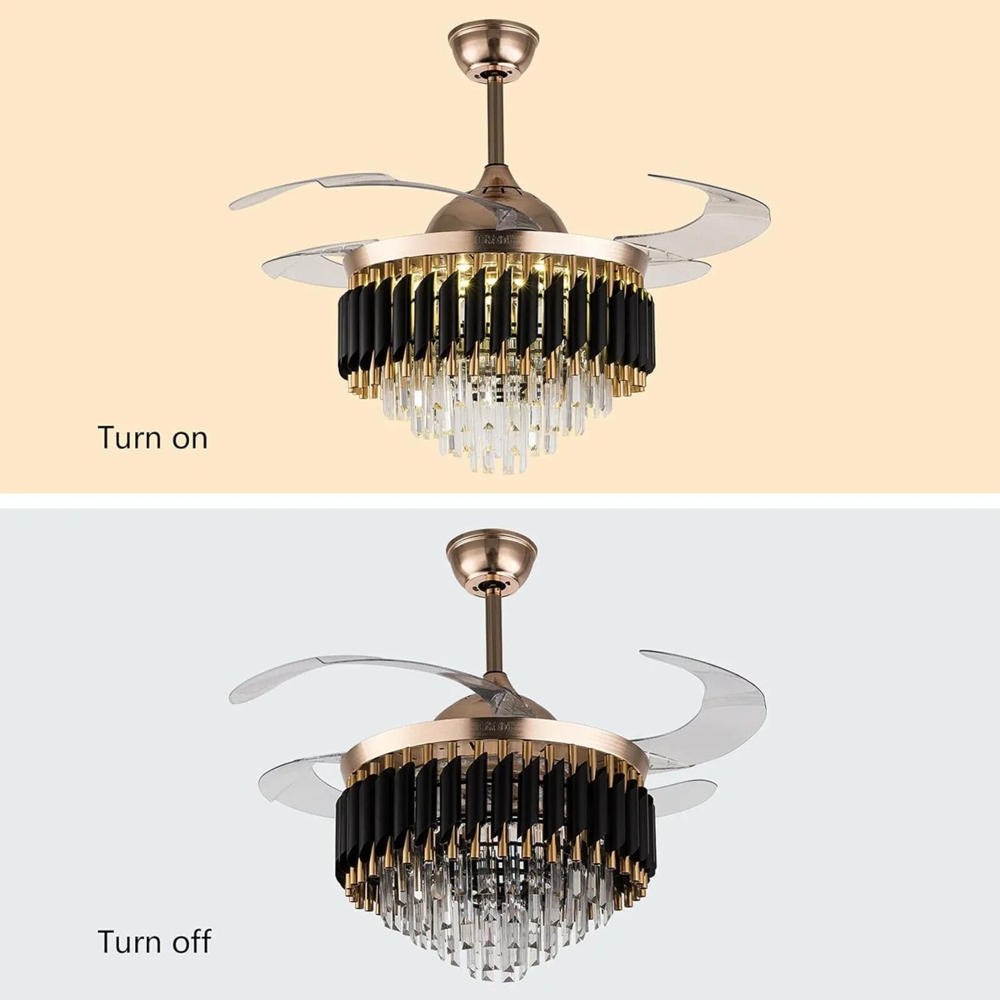 Crystal Ceiling Fan With LED Light And Retractable Blades Remote