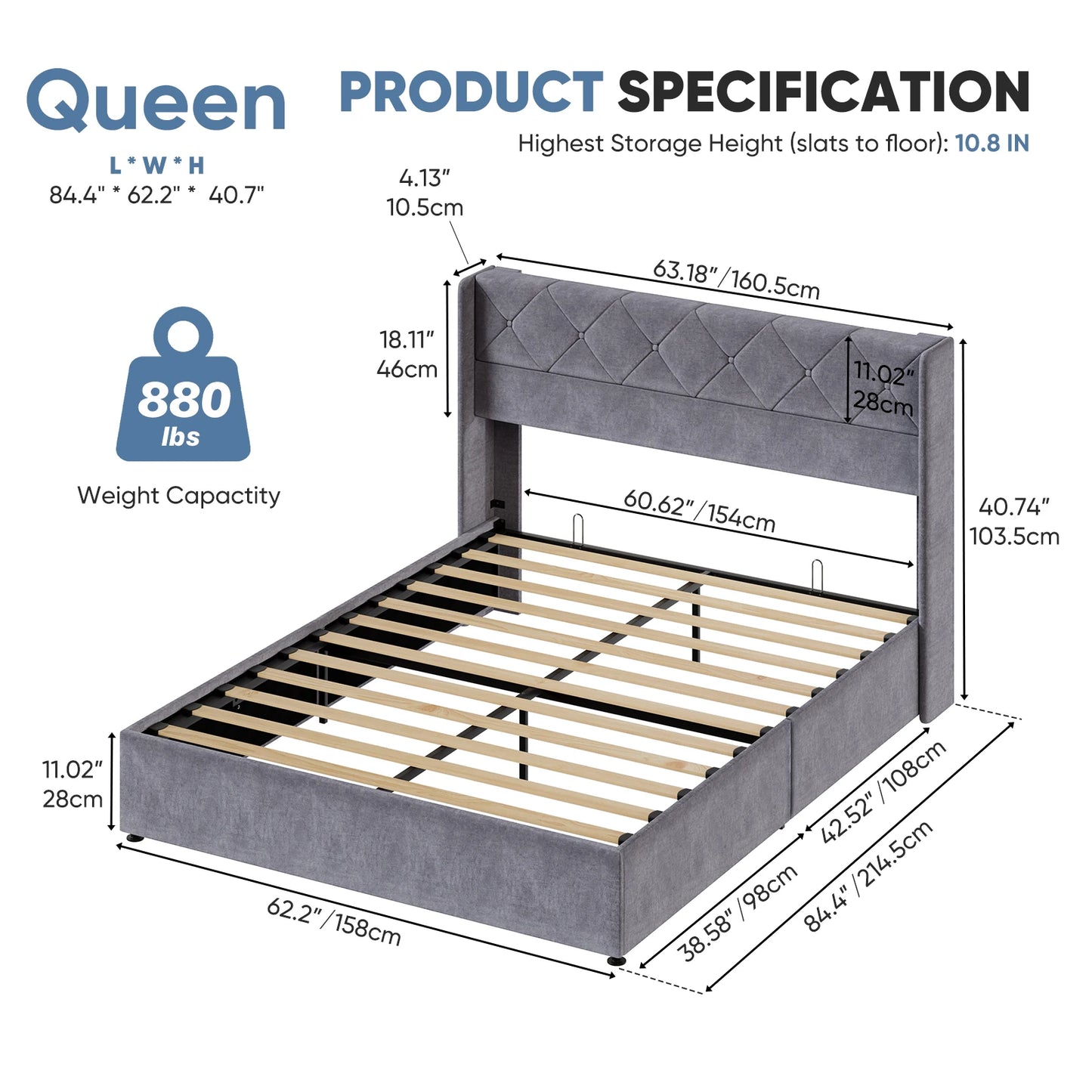 JHK Lift Up Storage Bed With Upholstered Wingback Headboard