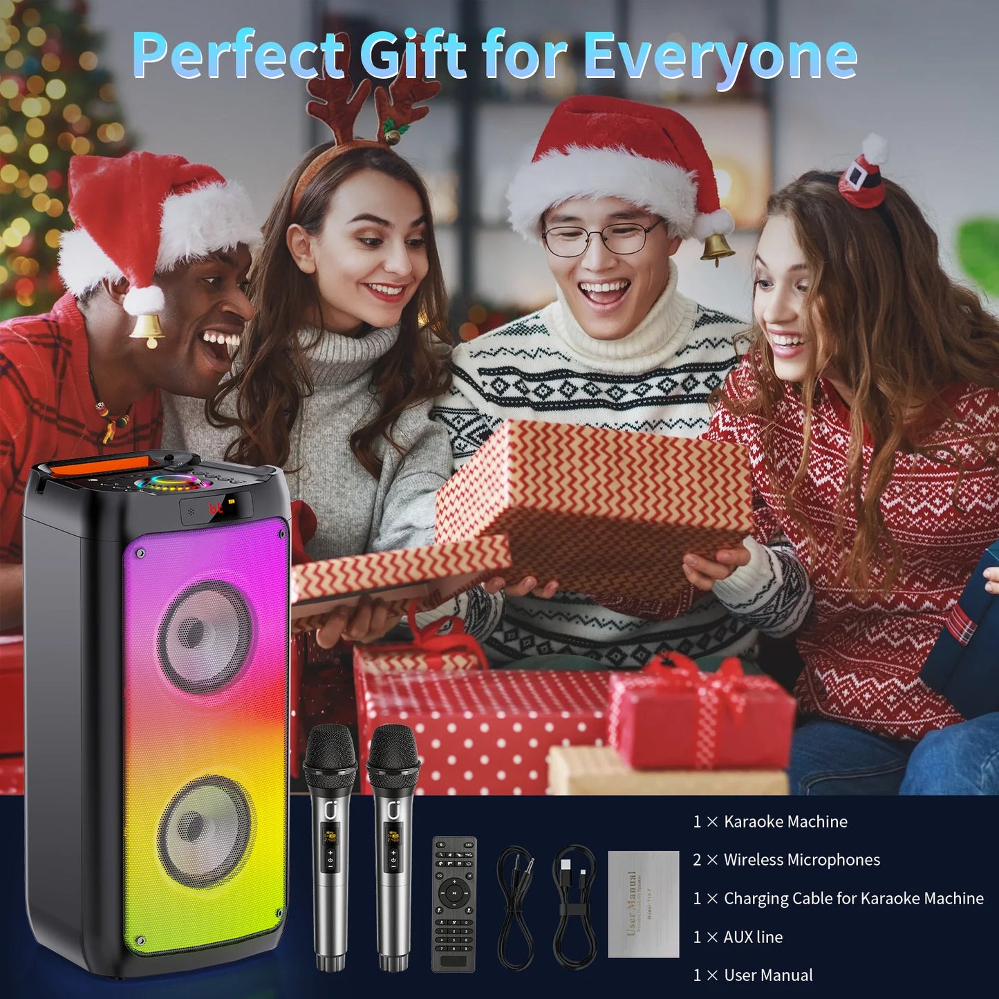 FanFun Wireless Bluetooth Karaoke Speaker With LED Light 2 Microphones
