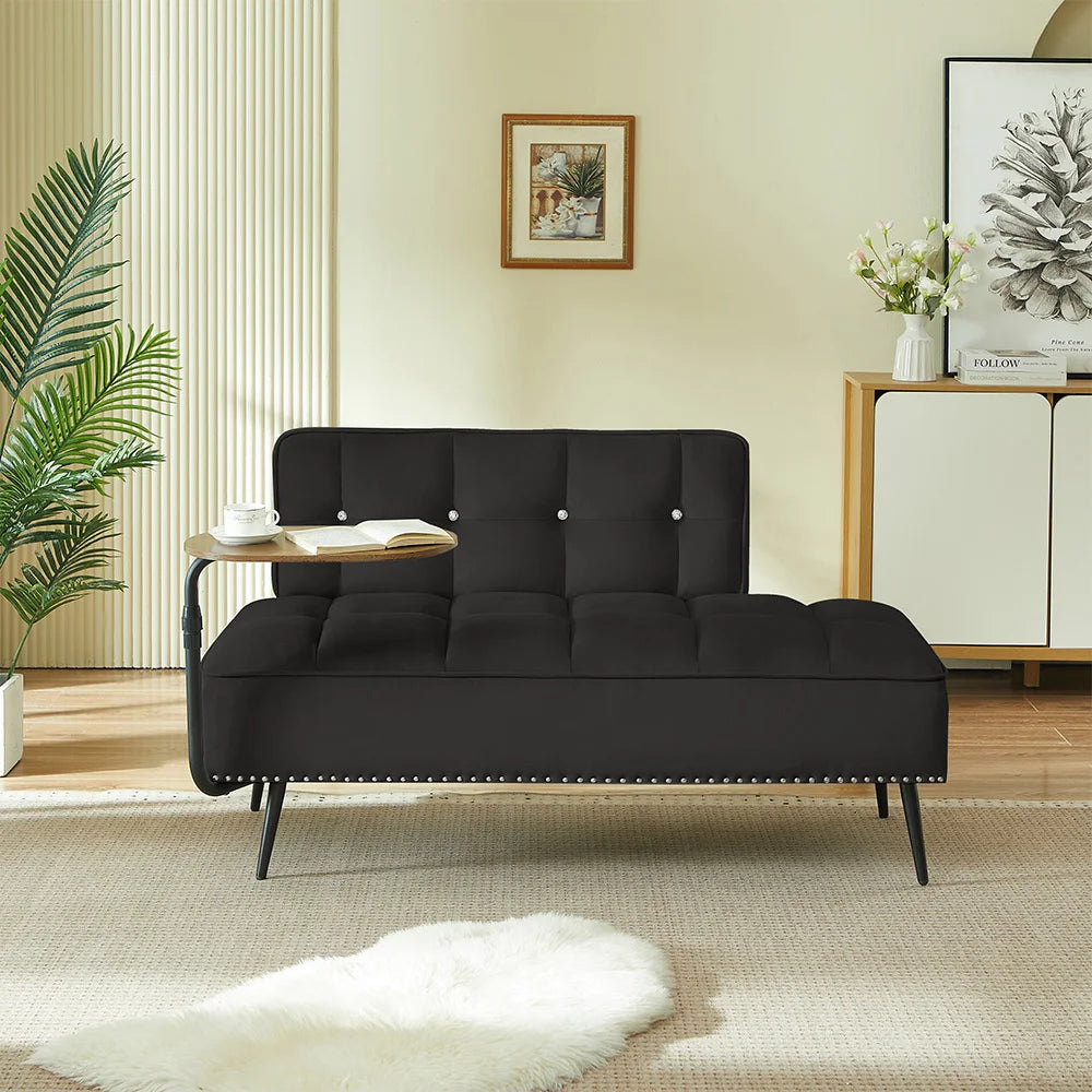 Modern Armless Velvet Sofa With Integrated Rotating Side Table