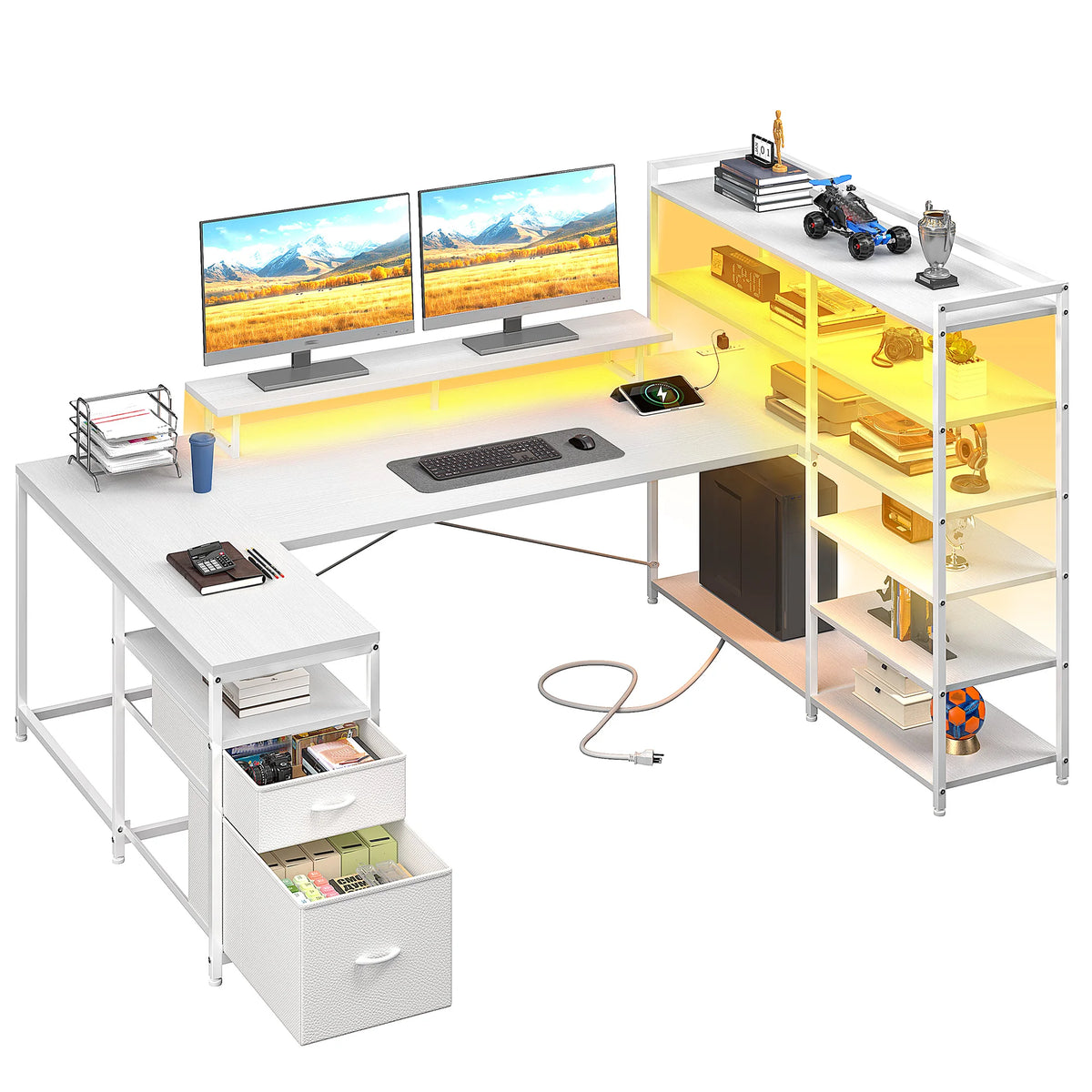 Computer Desk with 6 Storage Shelves & Fabric Drawers 63"L Shaped Gaming Desk with Power Outlet, LED Strip & Monitor Stand