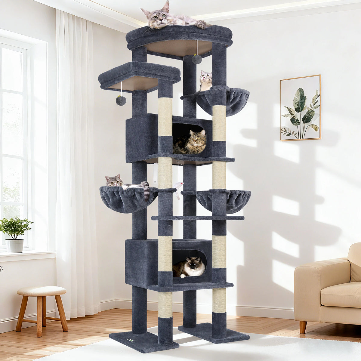Globlazer 84" Floor to Ceiling Cat Tree Tower for Multiple Large Cats Adjustable Multi-Level Climbing Activity Center with Sisal Scratching Posts 2 Condos 3 Hammocks
