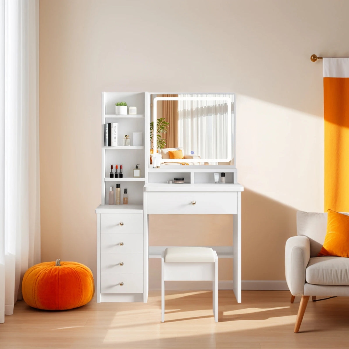 Makeup Vanity Desk With Lighted Mirror, Drawers, Stool And Shelves