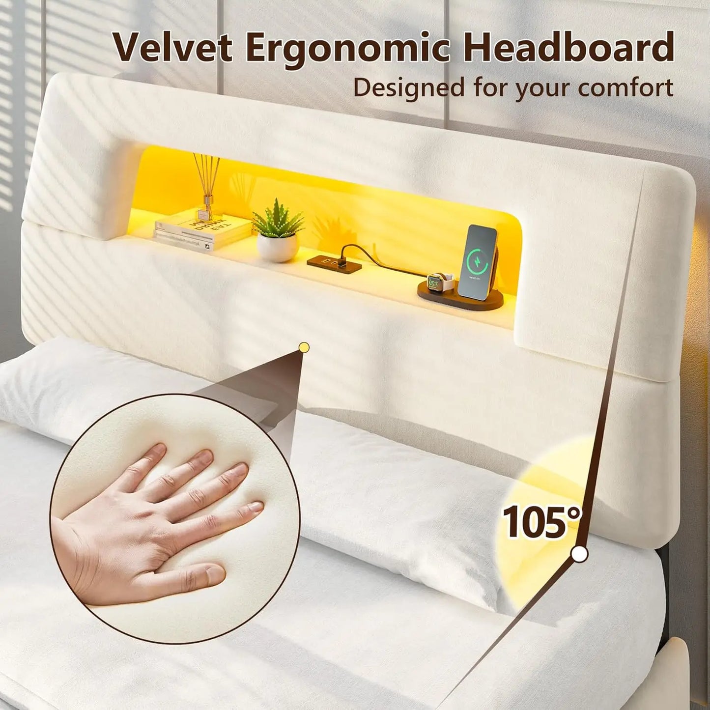 Bed Frame With Ergonomic Storage Headboard LED Lights And Charging