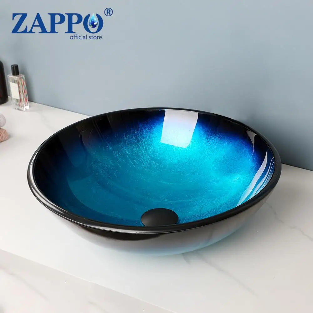Mekkhala Oval Blue Tempered Glass Vessel Sink With Waterfall Faucet