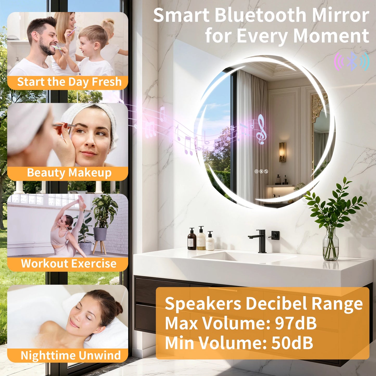 LED Bathroom Mirror With Bluetooth, Dual Speakers, Dimmable Defog Memory