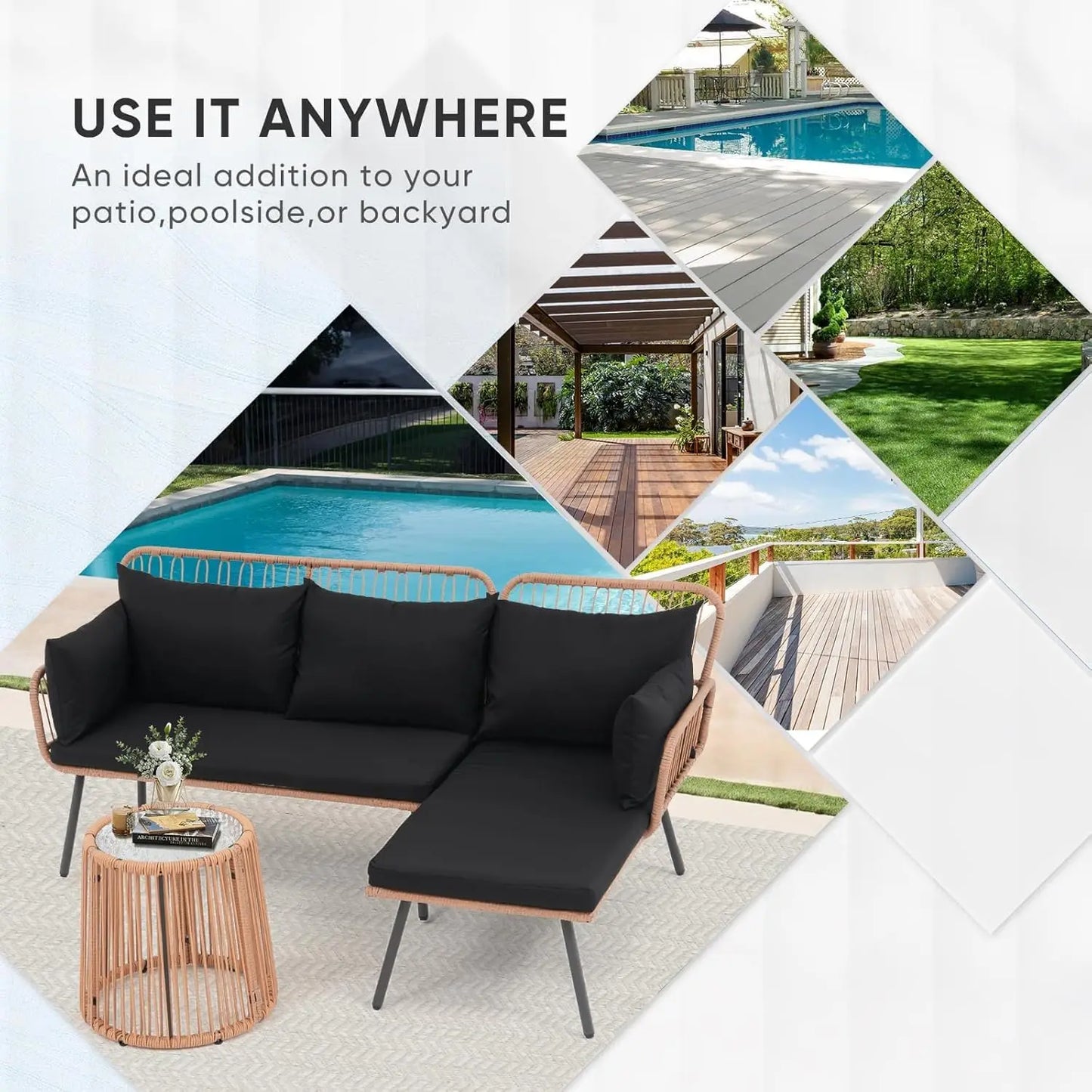 L Shaped Wicker Patio Sofa Set Conversation Couch With Cushions