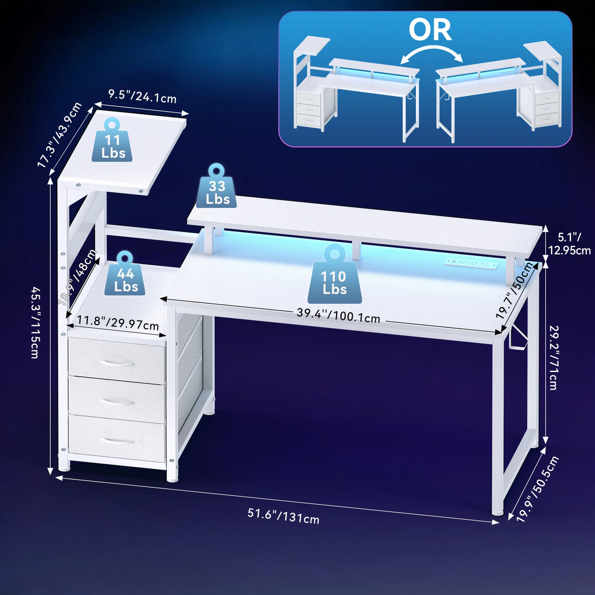 JHK Gaming Desk 3 Storage Drawers Led Lights Power Outlet