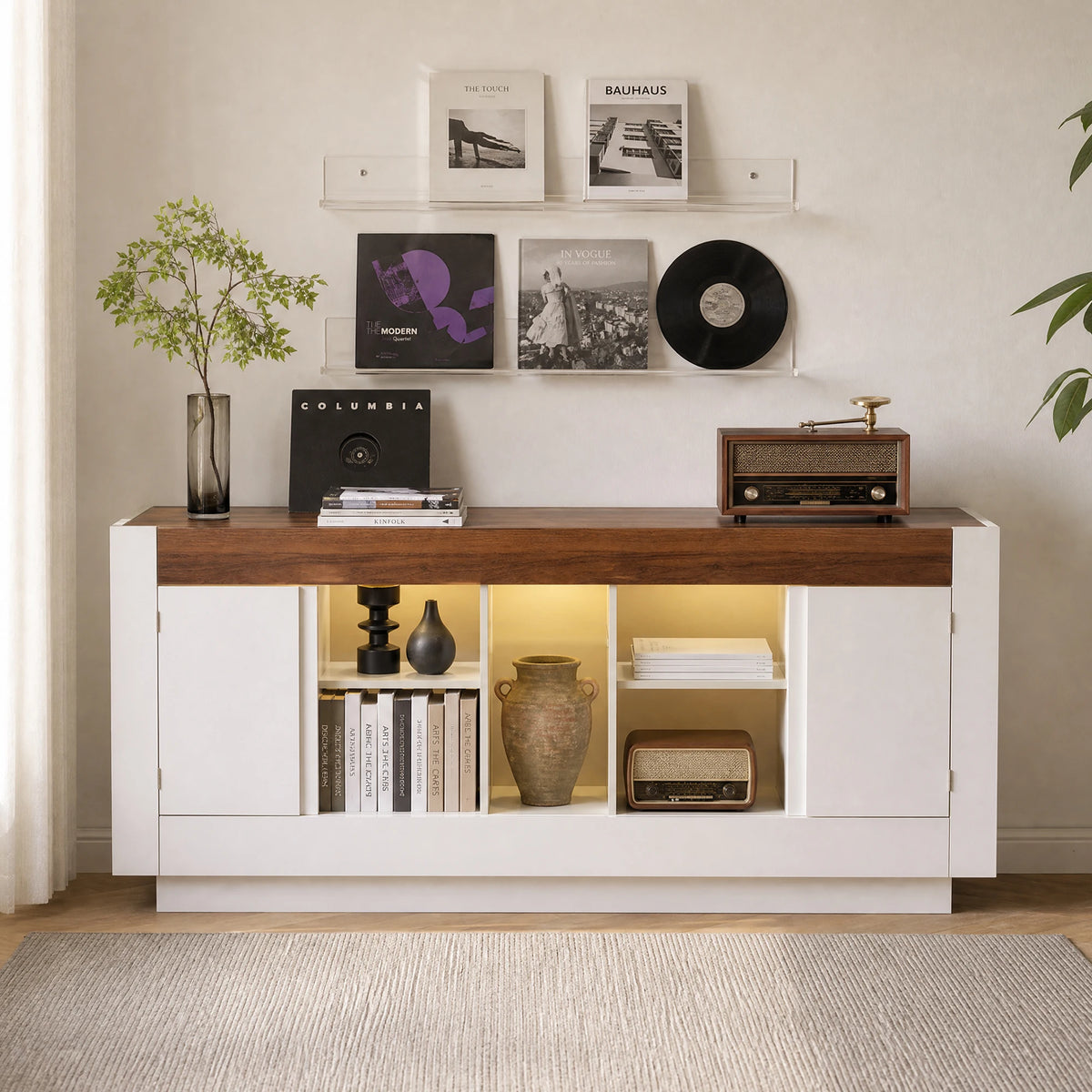 TCGBKAF Modern Farmhouse TV Stand Wooden Media Console LED Lights