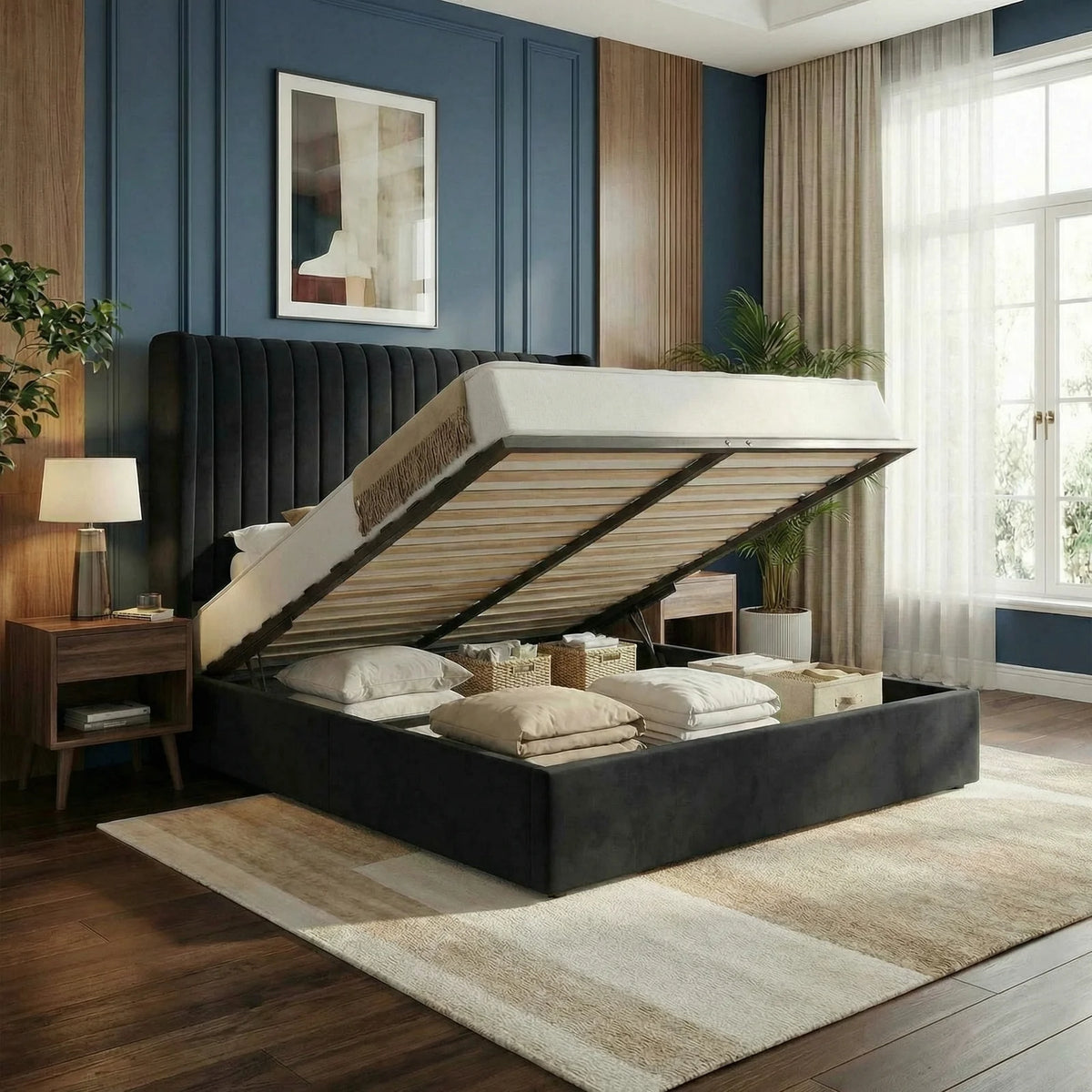 HOOMIC Upholstered Lift Up Storage Bed Frame With Hydraulic Support