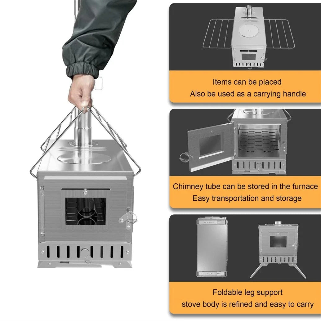 Wood Burning Portable Tent Stove With Six Stainless Chimney Pipes