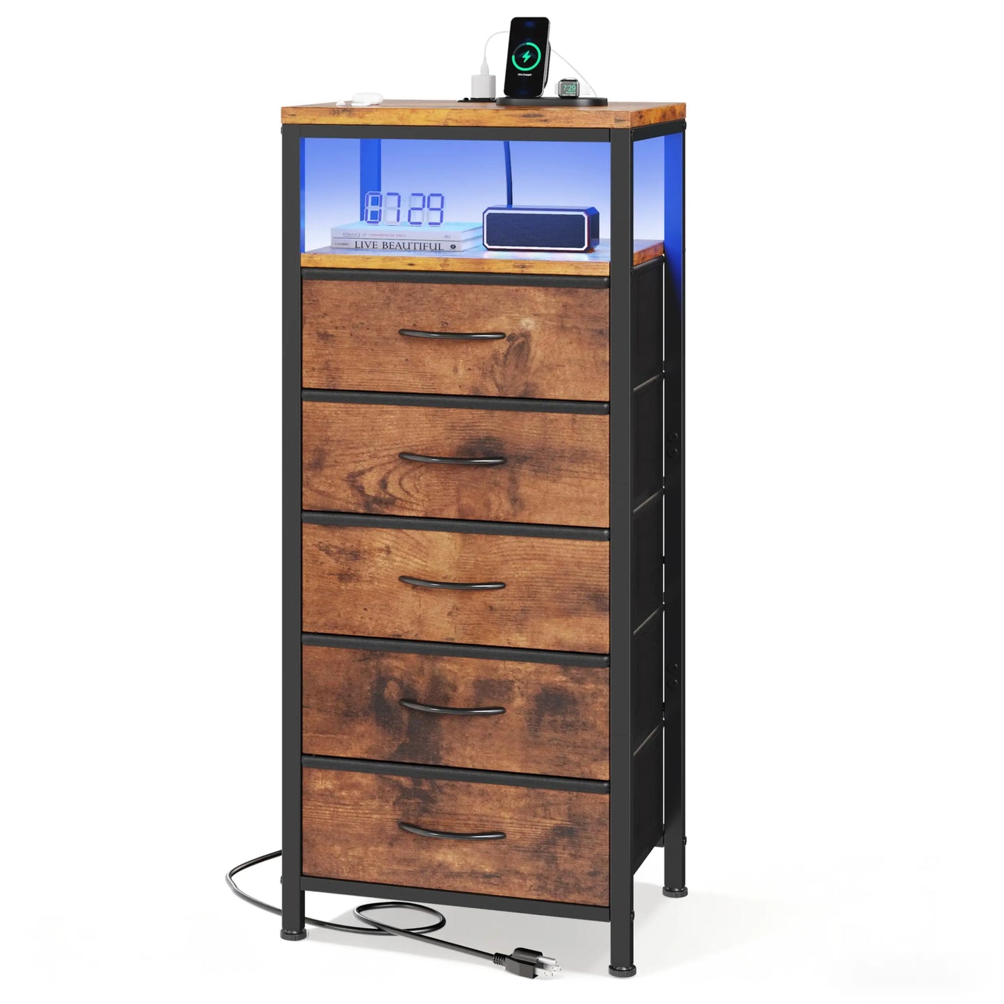 JHK Five Drawer Dresser With Nightstand Charging Station And Outlets