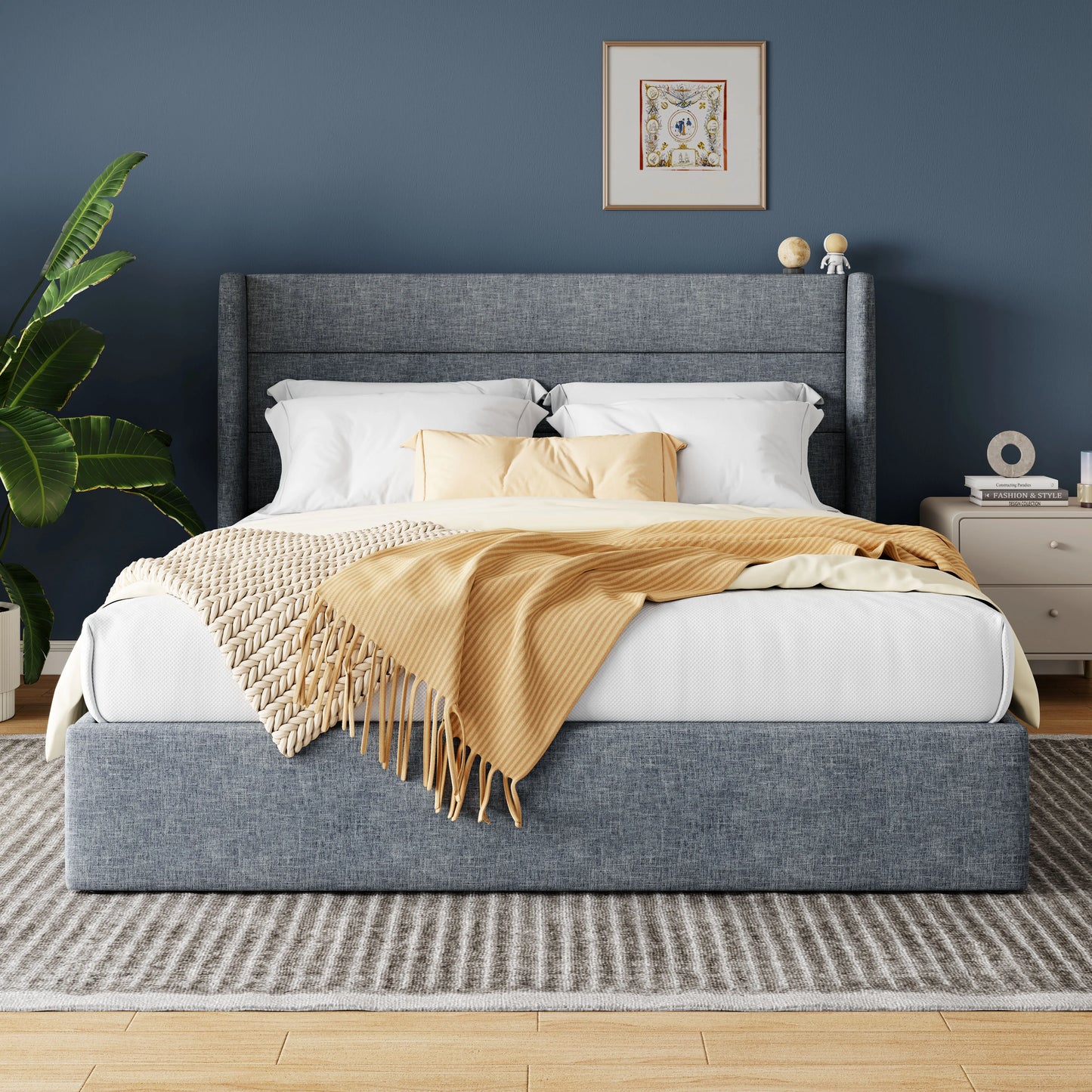 HOOMIC Lift Up Storage Bed With Wingback Headboard And Hydraulic Lift