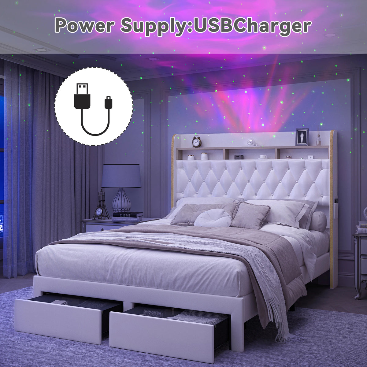 SIBEDS Upholstered Platform Bed Frame With LED Lights And Storage
