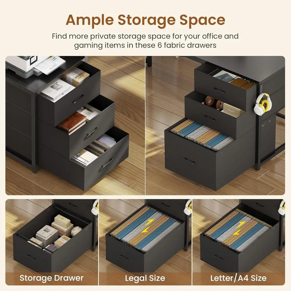 Reversible L Shaped Gaming Desk With Drawers And Storage Shelves