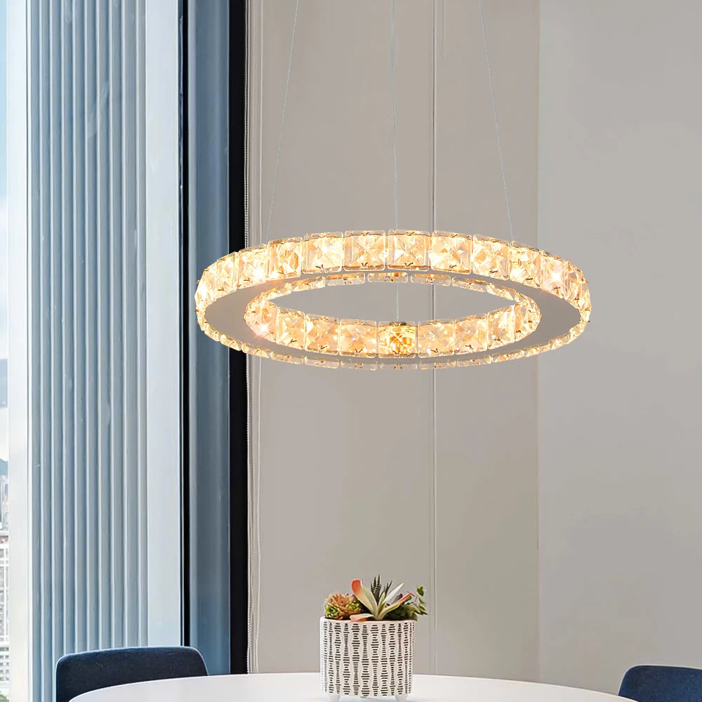 GreeLustr Modern LED Pendant Light Crystal Rings Chandelier