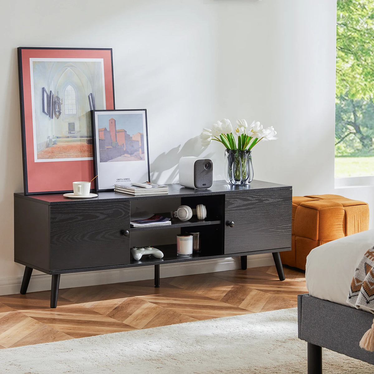 JHK Modern Wooden TV Stand Media Console With Adjustable Storage