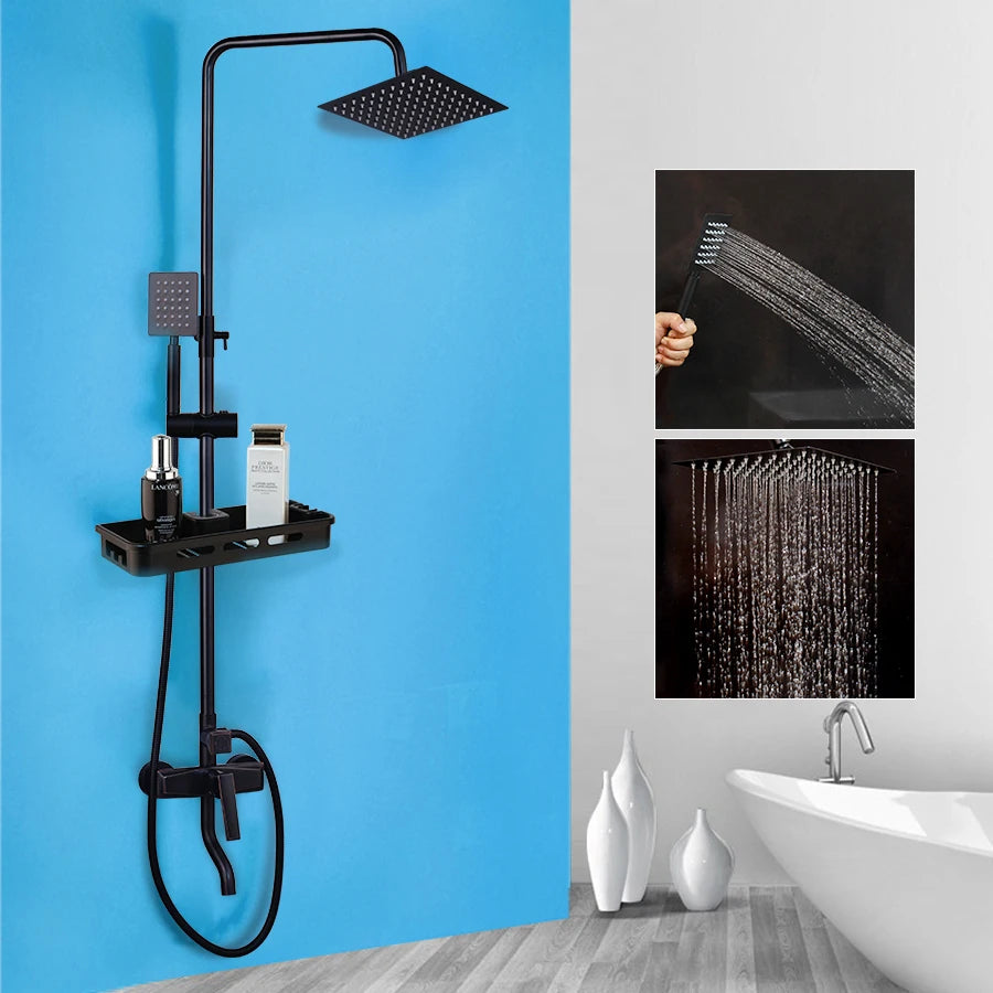 SINLAKU Bathroom Rainfall Shower Mixer Set With Storage Shelf