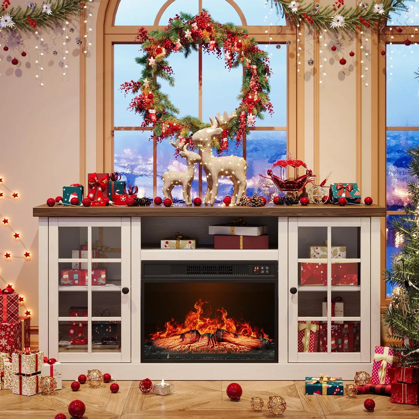 ONBRILL Farmhouse TV Stand With Electric Fireplace And Glass Doors