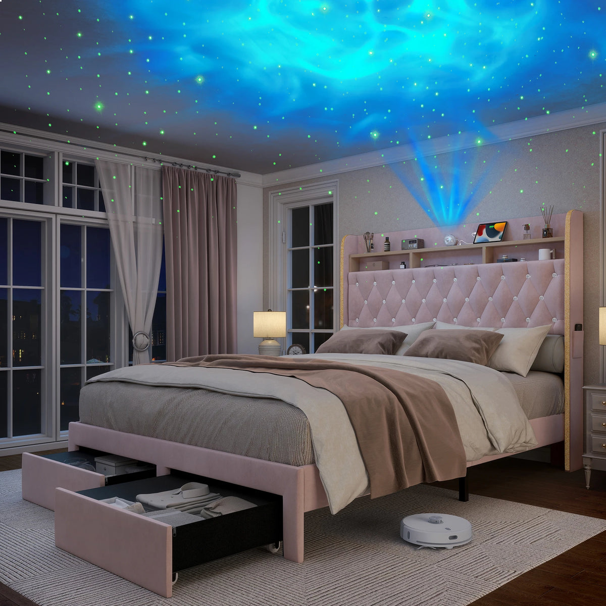 SIBEDS LED Platform Bed Frame Featuring Storage And Star Projector