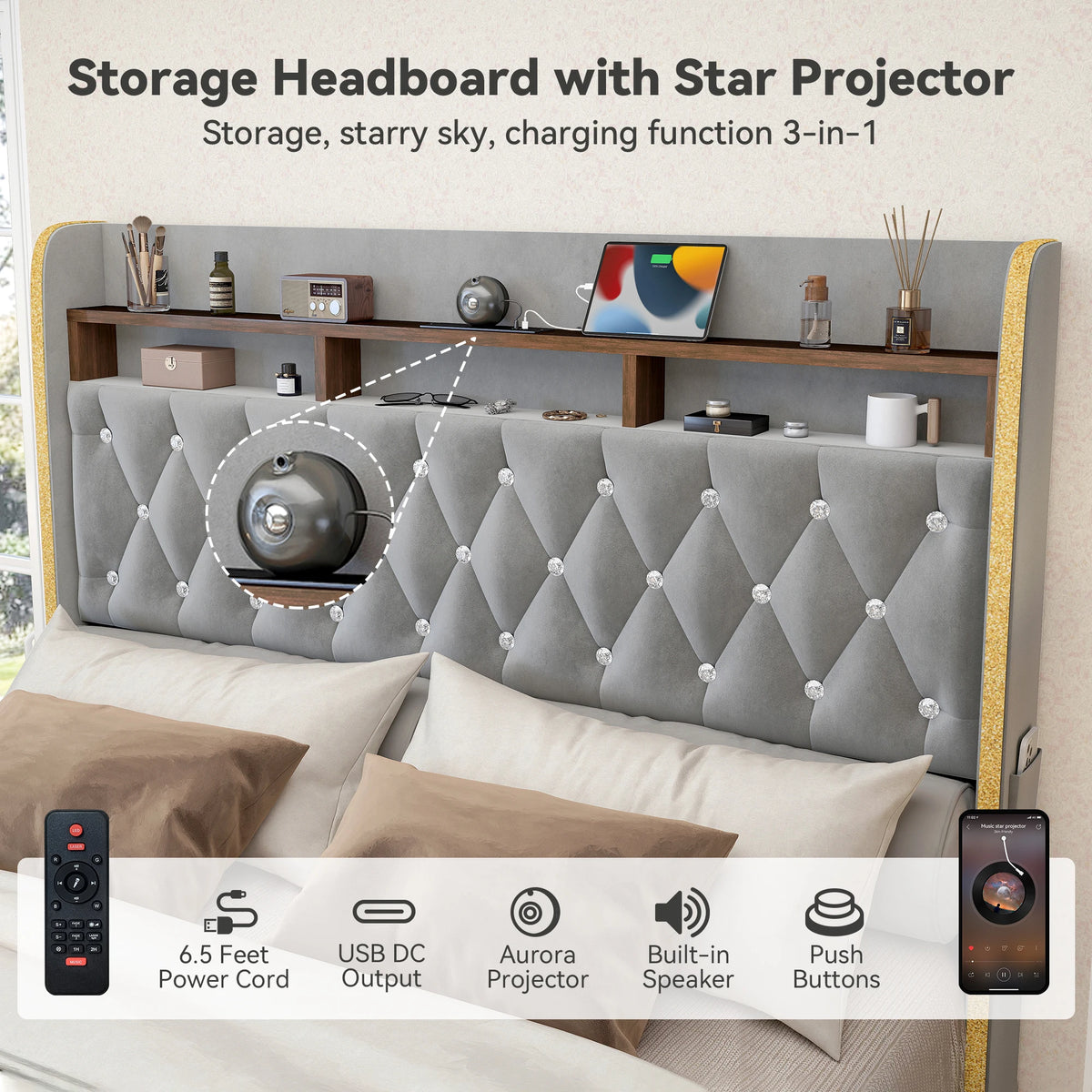 SIBEDS LED Platform Bed Frame Featuring Storage And Star Projector