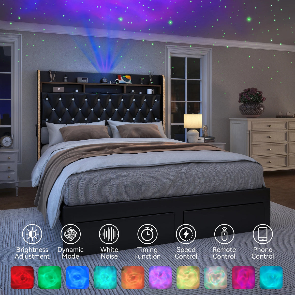SIBEDS LED Platform Bed Frame Featuring Storage And Star Projector