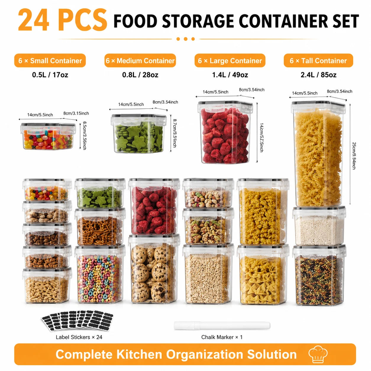 24 Piece BPA Free Food Storage Containers Airtight Chalkboard Labels