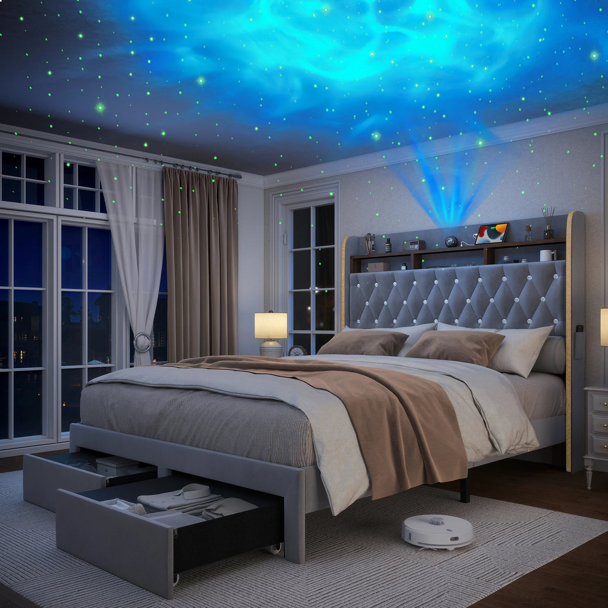 SIBEDS LED Platform Bed Frame Featuring Storage And Star Projector