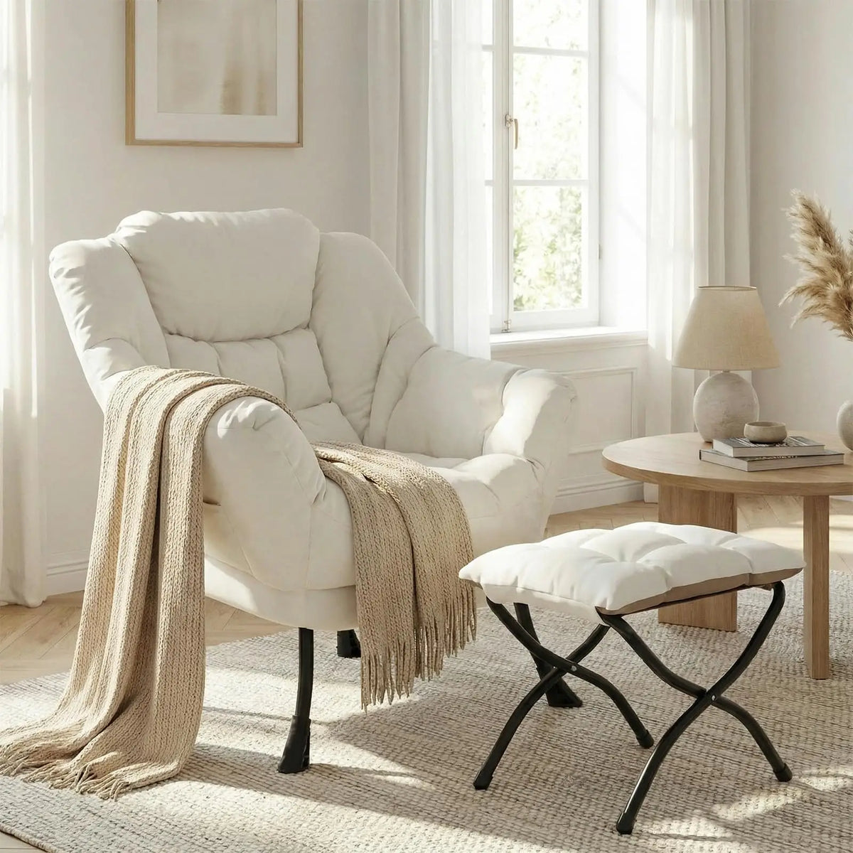 Lazy Chair with Foldable Ottoman,Modern Comfy Lounge Chair,Large Sofa Armchair,Reading Chair,with Footrest,a Side Pocket,non-slip foot pads,for Bedroom,Living Room,Dorm