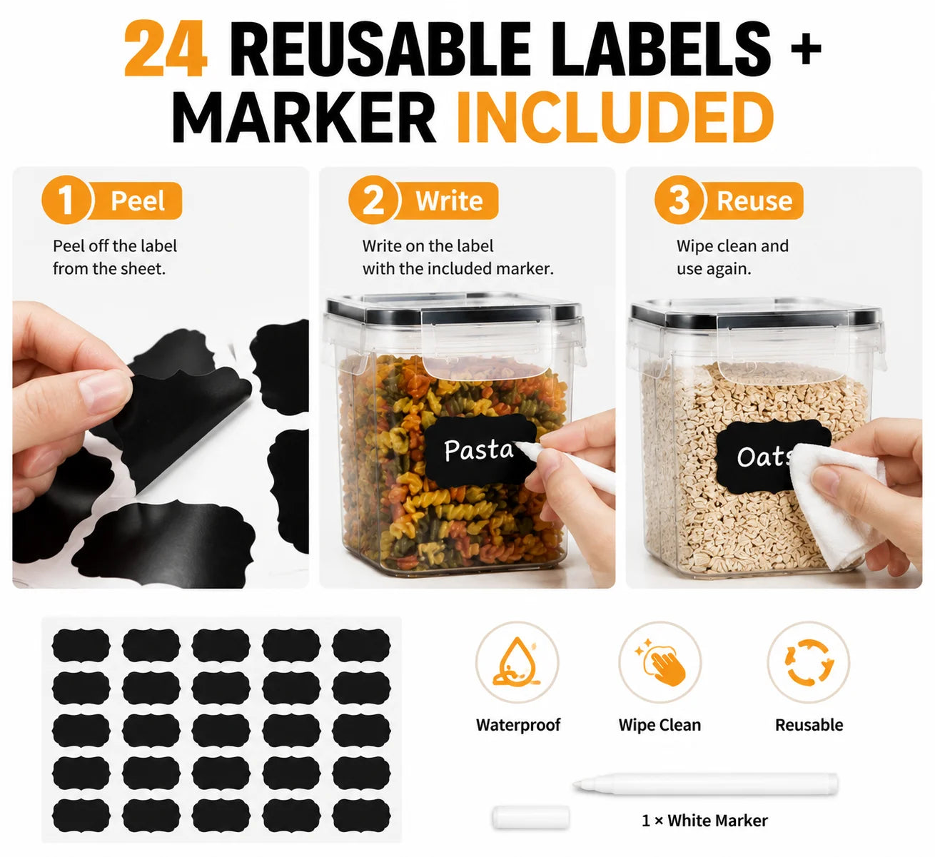 24 Piece BPA Free Food Storage Containers Airtight Chalkboard Labels