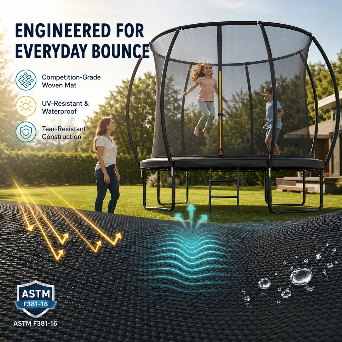 Round Trampoline Featuring Enclosed Safety Net And Steady Ladder For Kids