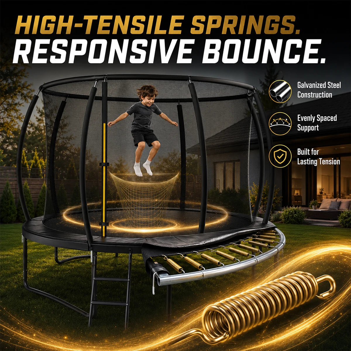 Round Trampoline Featuring Enclosed Safety Net And Steady Ladder For Kids