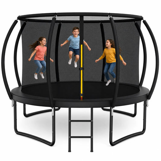 Round Trampoline Featuring Enclosed Safety Net And Steady Ladder For Kids