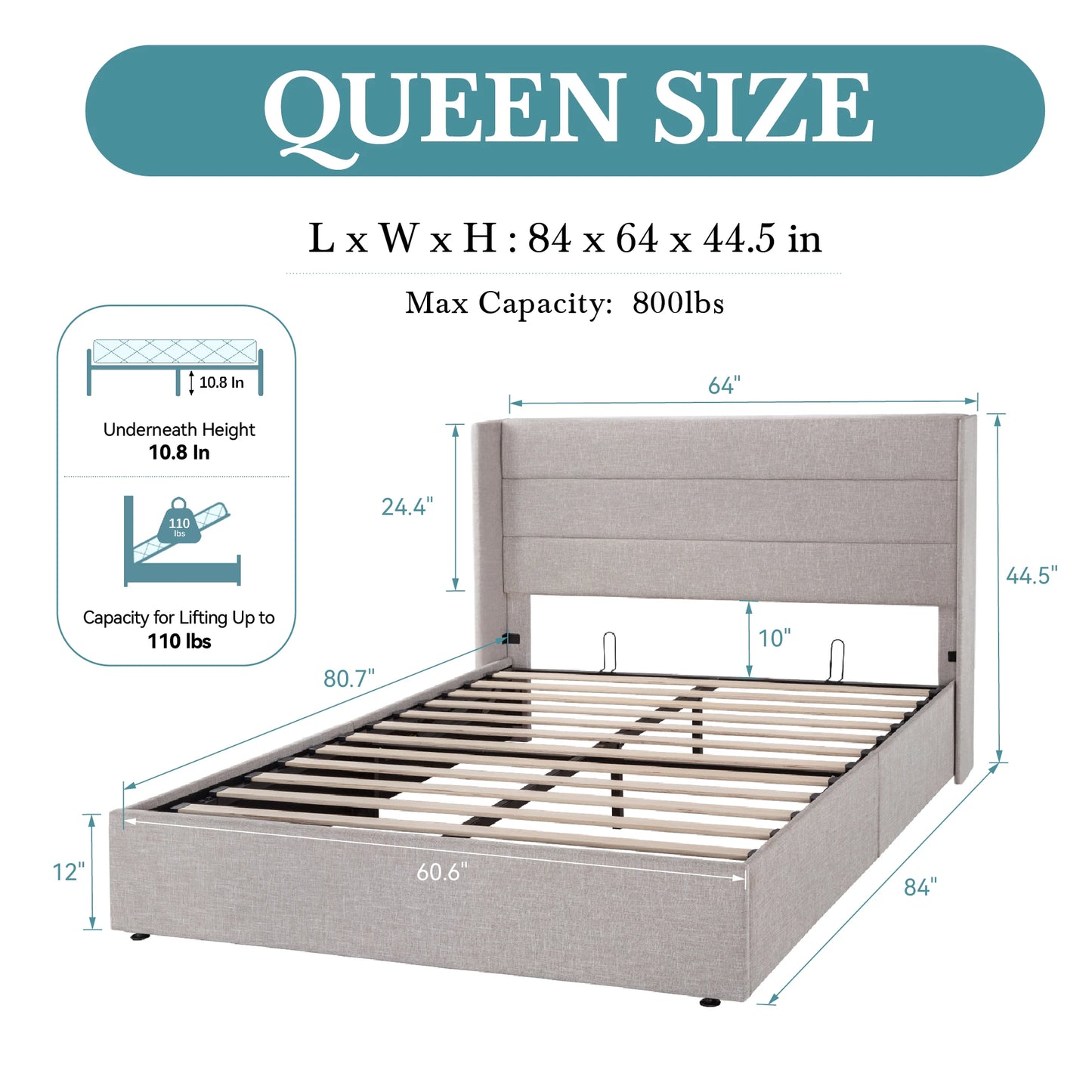 HOOMIC Lift Up Storage Bed With Wingback Headboard And Hydraulic Lift