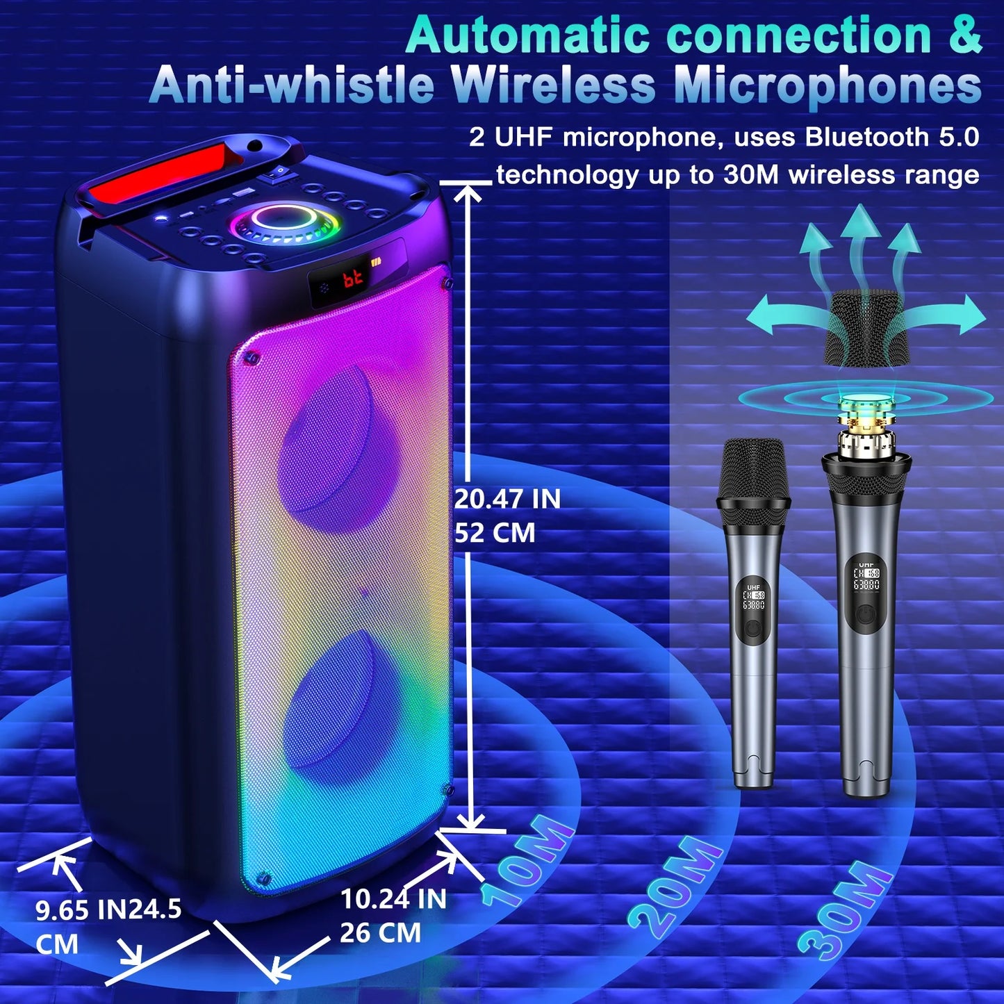 FanFun Wireless Bluetooth Karaoke Speaker With LED Light 2 Microphones